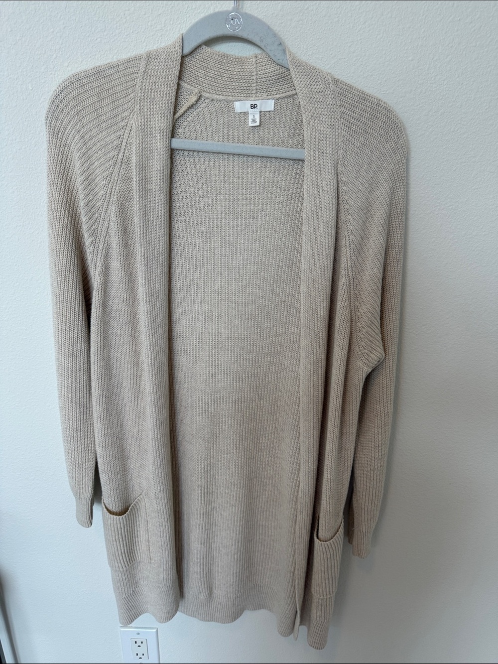 bp Lightweight Open-Front Long Cardigan in Beige